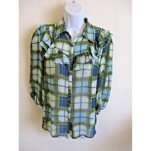 Kensie Sheer Top Size Medium Green Plaid Ruffled 100% Silk